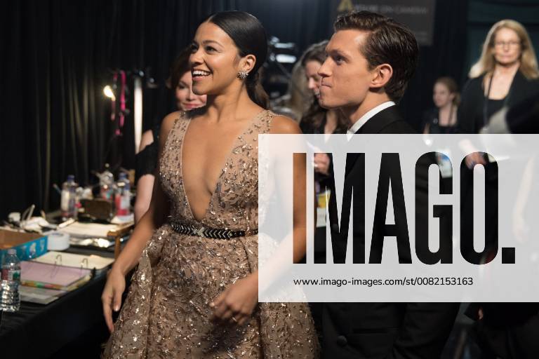 Gina Rodriguez and Tom Holland backstage during the live ABC Telecast of The 90th Oscars® at the Dolby® Theatre in Hollywood, CA on Sunday