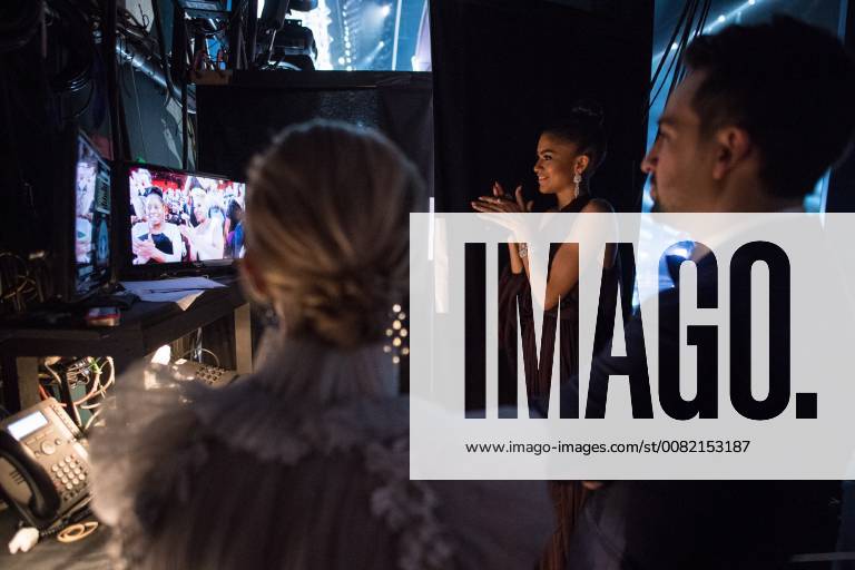 Zendaya and Lin Manuel Miranda backstage during the live ABC Telecast of The 90th Oscars® at the Dolby® Theatre in Hollywood, CA on Sunday