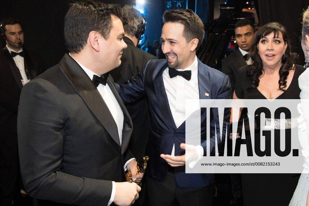 After winning the Oscar for music written for motion pictures (original song) for Remember Me from Coco, Kristen Anderson-Lopez and Robert Lopez chat backstage with Lin-Manuel Miranda and Emily Blunt during the live ABC Telecast of The 90th OscarsÂ® at the DolbyÂ® Theatre in Hollywood, CA on Sunday