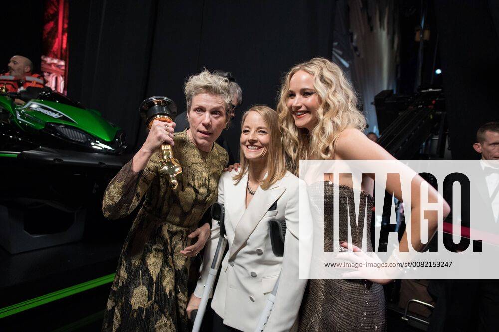 Frances McDormand, Oscar winner for best actress in a leading role to for work on Three Billboards Outside Ebbing, Missouri , Jodi Foster and Jennifer Lawrence pose backstage during the live ABC Telecast of The 90th OscarsÂ® at the DolbyÂ® Theatre in Hollywood, CA on Sunday