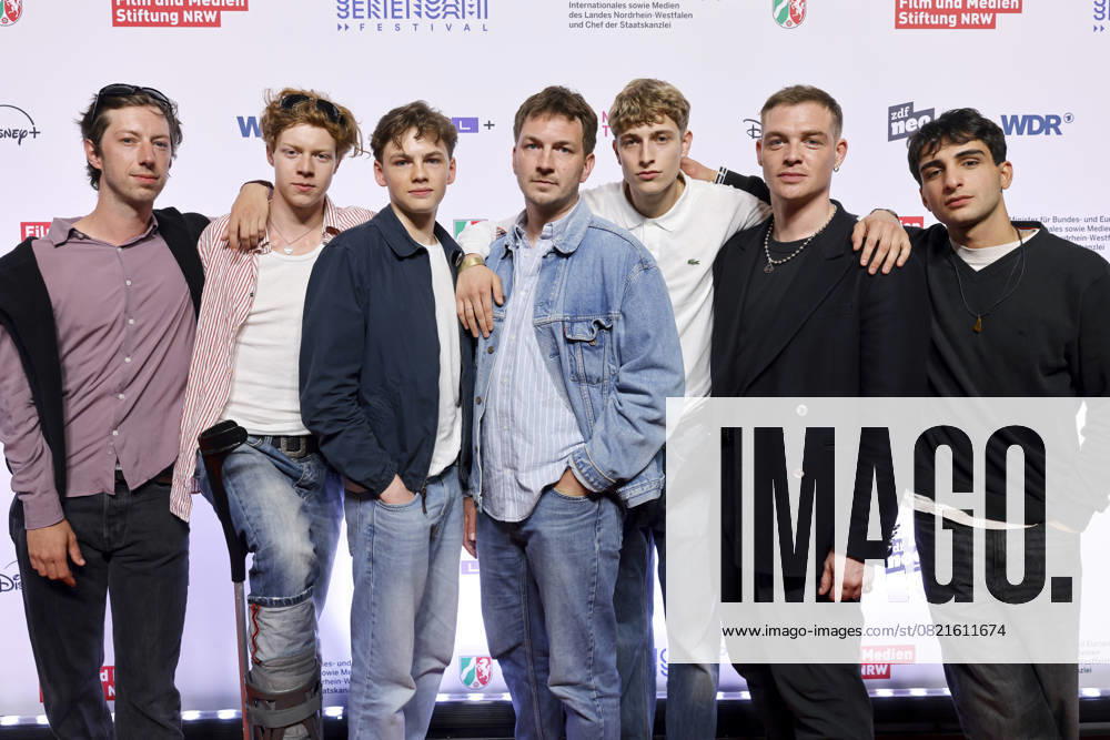 Actors Maximilian Mauff, Arsseni Bultmann, Nico Marischka, Johannes Kienast, Jonathan Kriener, David Schütter and Loran Alhasan at the premiere of the series Chabos at the 11 Series Camp Festival 2025 at Cinenova Cinema Cologne, 05 06 2025 NRW Germany