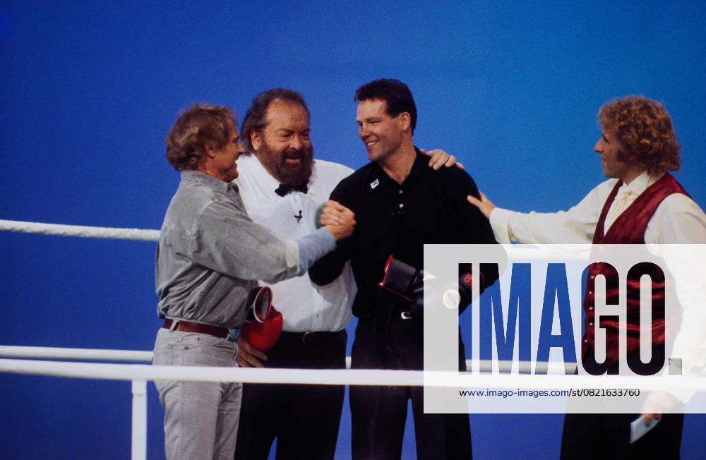 Wetten, dass - ZDF Fernsehshow, Wettshow, in Berlin, 1983, Terence Hill und Bud Spencer als Wettpaten mit Boxer Henry Maske und Moderator Thomas Gottschalk.