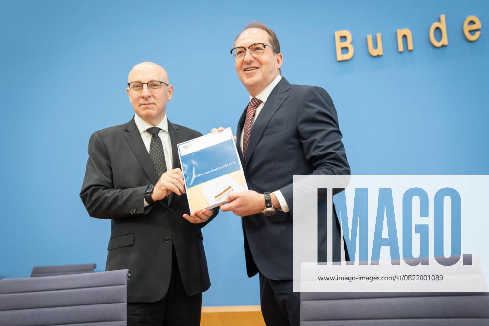 Federal Press Conference in Berlin Presentation of the 2024 Report on the Protection of the Constitution Alexander Dobrindt, Federal Minister of the Interior CSU right , with Sinan Selen, Vice President Federal Office for the Protection of the Constitution BfV Federal Press Conference in Berlin Presentation of the 2024 Report on the Protection of the Constitution, Berlin Berlin Germany House of the Federal P