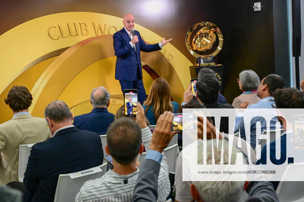 FIFA President Gianni Infantino, speaks next to the Club World Cup trophy during an event in Miami, Florida, 10 June 2025. Infantino downplayed the impact that the United States restrictive immigration policies will have on the Club World Cup, which begins this Saturday, and the 2026 World Cup, assuring fans from all over the world will attend both competitions. FIFA downplays the impact of USA immigration policy on sports tournaments !ACHTUNG: NUR REDAKTIONELLE NUTZUNG!