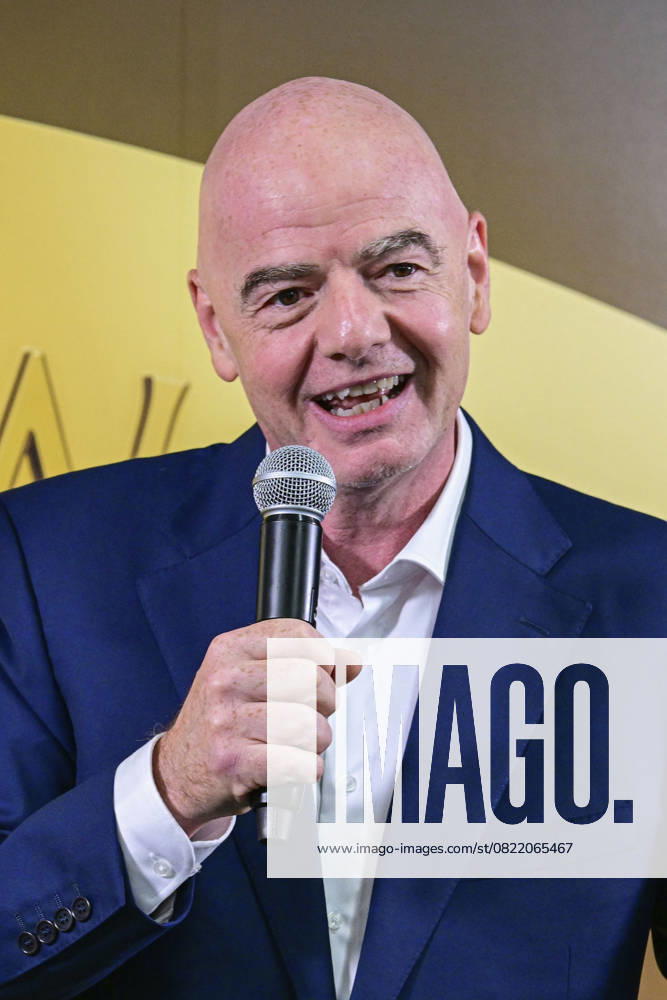 FIFA President Gianni Infantino, speaks next to the Club World Cup trophy during an event in Miami, Florida, 10 June 2025. Infantino assured that the reduction in ticket prices for Club World Cup matches, 84% for the opening match, is part of the ticket sales model in the United States and is not a sign of concern. FIFA downplays the impact of USA immigration policy on sports tournaments !ACHTUNG: NUR REDAKTIONELLE NUTZUNG!