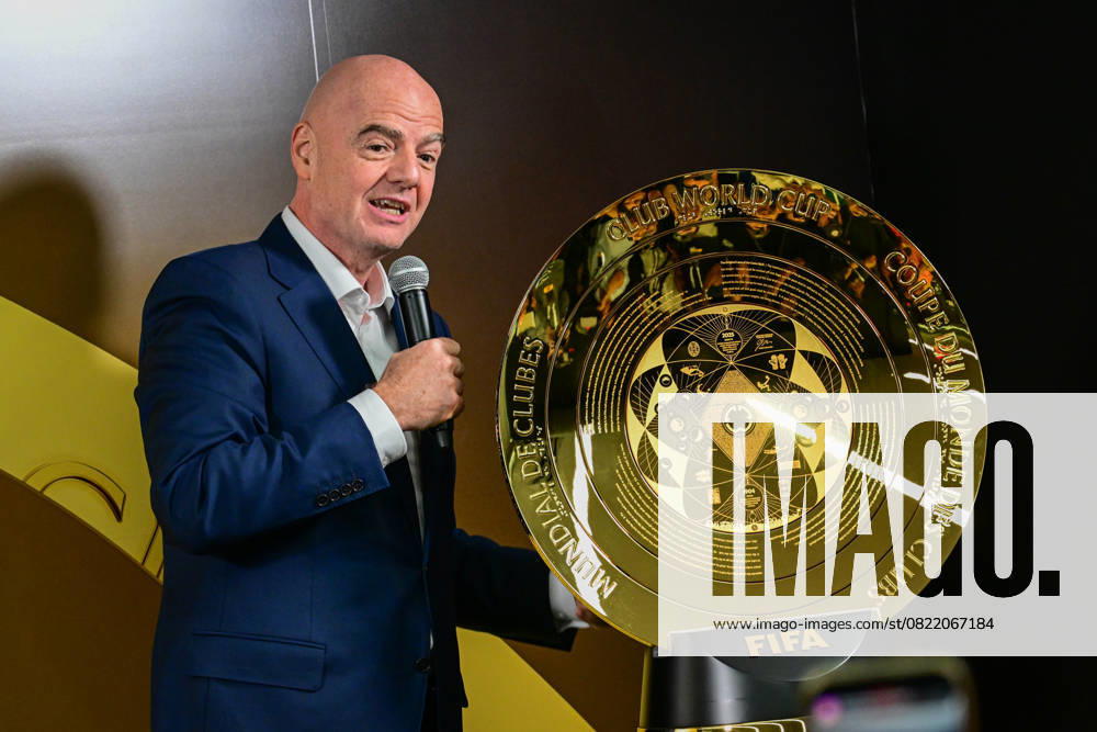 FIFA President Gianni Infantino, speaks next to the Club World Cup trophy during an event in Miami, Florida, 10 June 2025. Infantino assured that the reduction in ticket prices for Club World Cup matches, 84% for the opening match, is part of the ticket sales model in the United States and is not a sign of concern. FIFA downplays the impact of USA immigration policy on sports tournaments !ACHTUNG: NUR REDAKTIONELLE NUTZUNG!