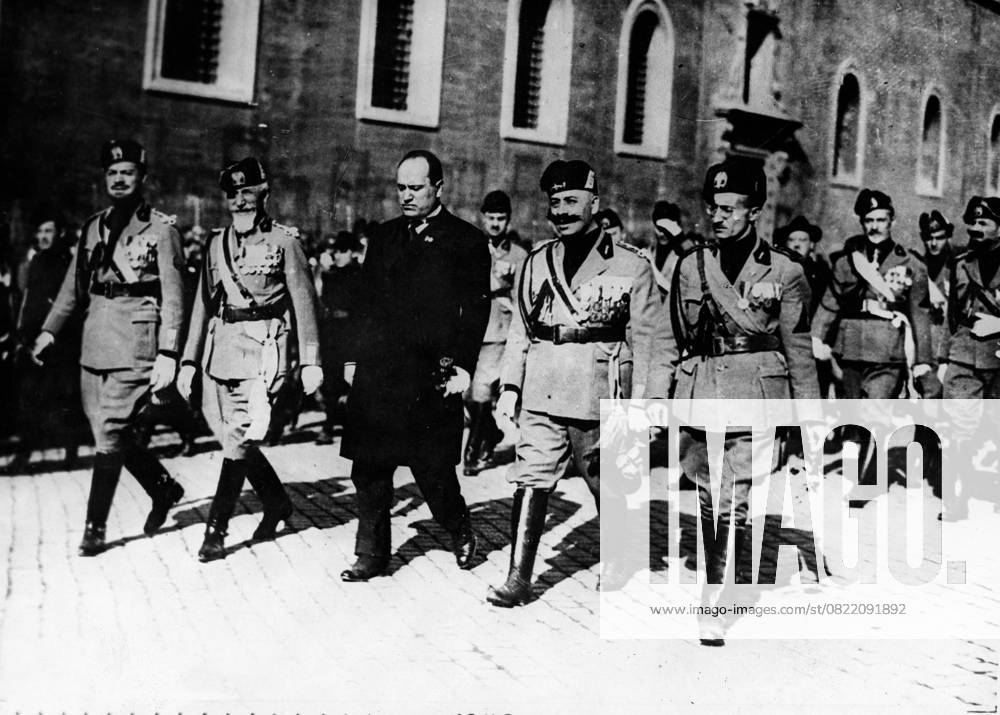 Fascist Dictator Benito Mussolini 1883 1945 6 October 1922 Rome, Italy Benito Mussolini 1883 1945 , the Italian Dictator and Guide the fascist Movement, with its Generals and fascist Troops, during you at Rome march Rome Italy