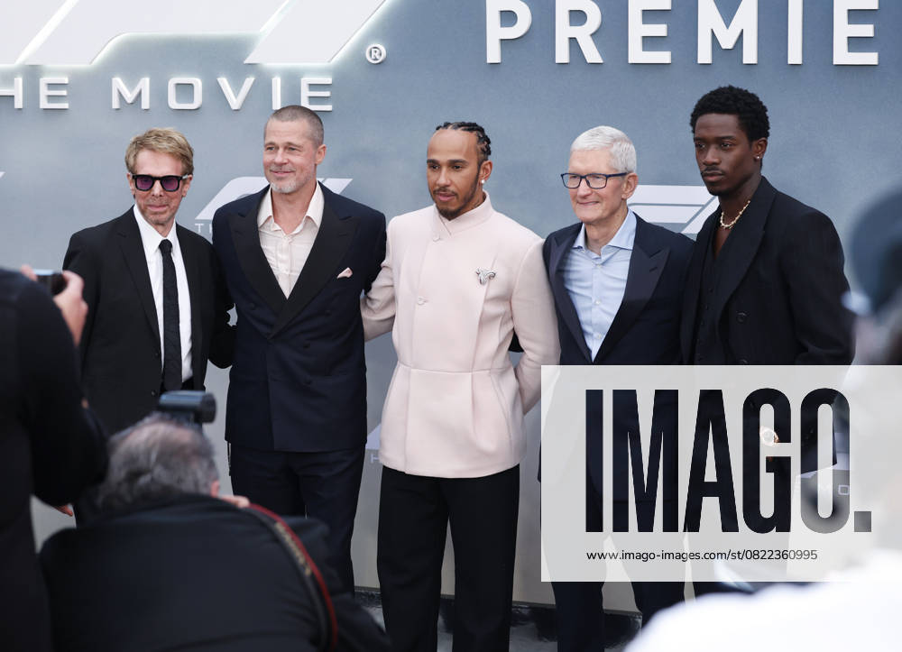 Brad Pitt, British formula 1 driver and co-producer Lewis Hamilton, Tim Cook and British actor Damson Idris arrive on the red carpet for the Apple Original Films & Warner Bros. Pictures F1 World Premiere in Times Square on Monday, June 16, 2025 in New York City. NYP20250616150 JOHNxANGELILLO