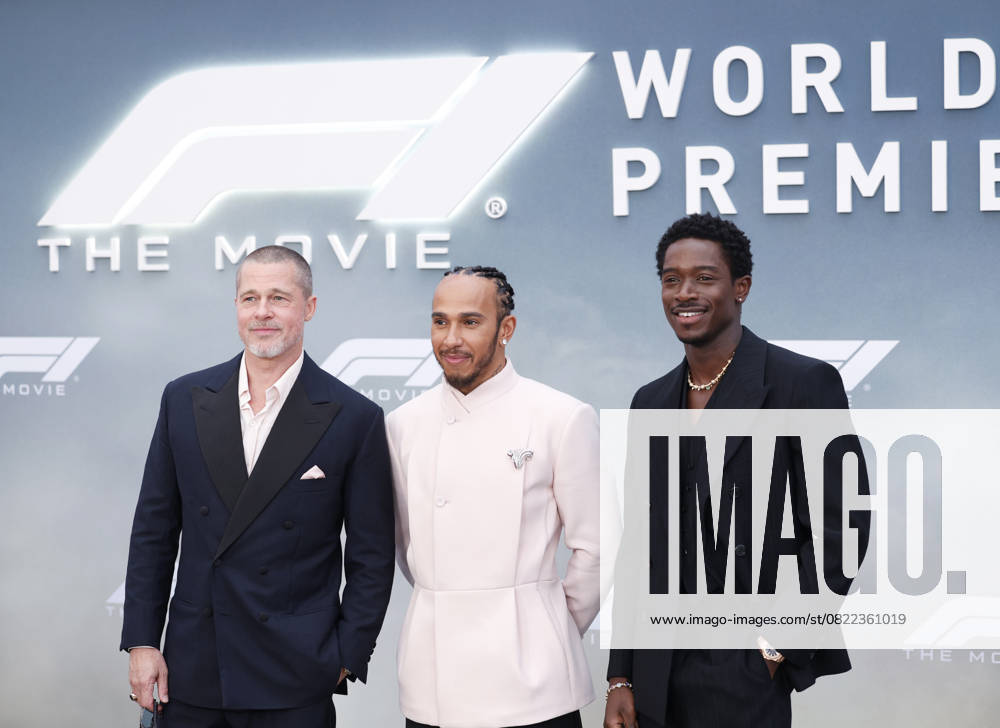 Brad Pitt, British formula 1 driver and co-producer Lewis Hamilton and British actor Damson Idris arrive on the red carpet for the Apple Original Films & Warner Bros. Pictures F1 World Premiere in Times Square on Monday, June 16, 2025 in New York City. NYP20250616149 JOHNxANGELILLO