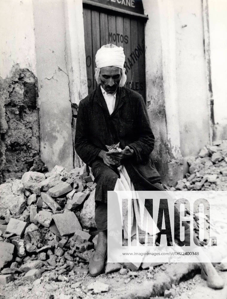 Accidents Disasters Fires Floods Tragedies 14 September 1954 Scenes of Earthquake in Algeria at a Cairns sitting strokes a Local melancholic its Kittens, the only Survivors his Budget Picture credits Keystone Pictures USA ZUMAPRESS Com