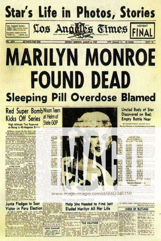 IMAGO ICONS: Marilyn Monroe Marilyn Monroe found dead headline in Los Angeles Times 6 August 1962, United States