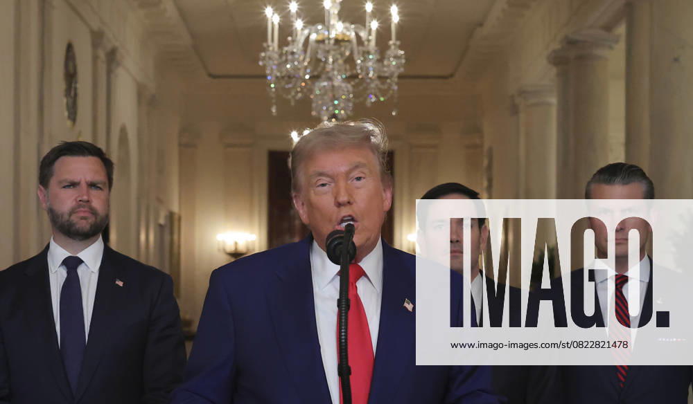 U.S. President Donald Trump delivers an address to the nation accompanied by U.S. Vice President JD Vance, U.S. Secretary of State Marco Rubio and U.S. Defense Secretary Pete Hegseth, at the White House in Washington, D.C., U.S. June 21, 2025, following U.S. strikes on Iran s nuclear facilities Washington USA - ZUMAs152 20250621_faa_s152_059