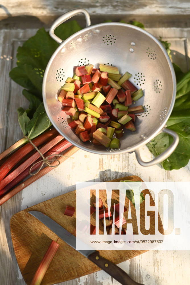 Chopped rhubarb in sieve with knife on wooden board, Hamburg Hamburg Deutschland Altes Land GISF01201