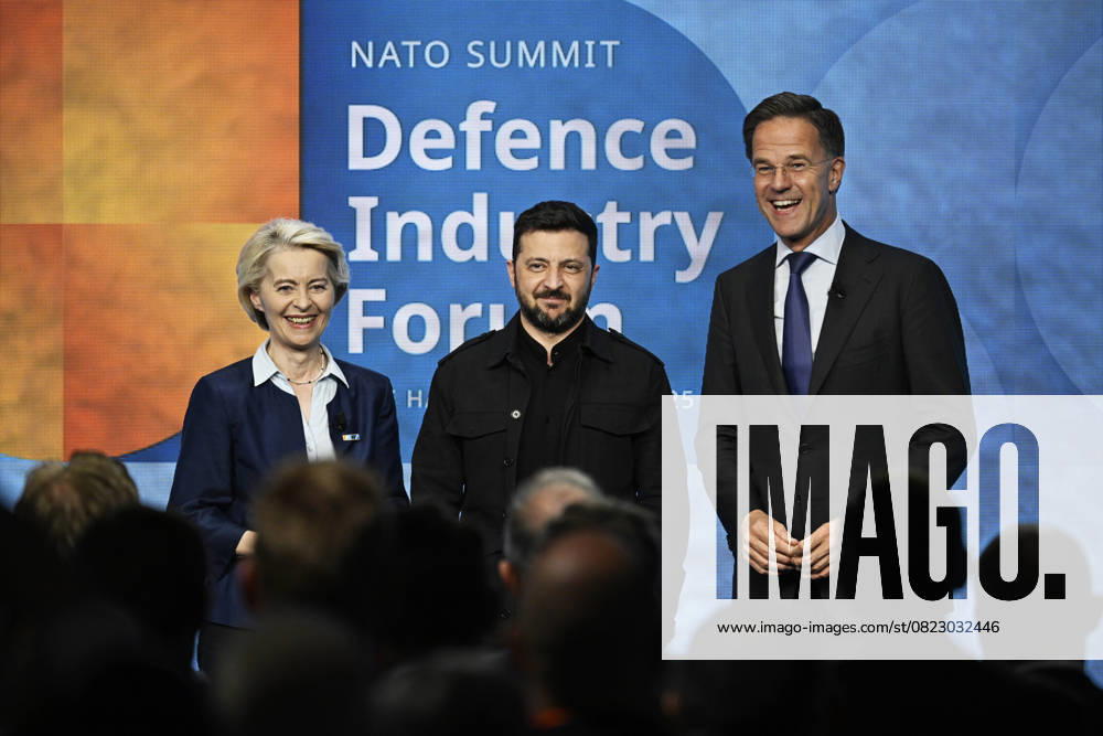 THE HAGUE, THE NETHERLANDS 20250624 EU Commission President Ursula von der Leyen, Ukrainian President Volodymyr Zelenskyj and NATO Secretary General Mark Rutte at the NATO Defense Industry Forum during the NATO Summit in The Hague THE NETHERLANDS