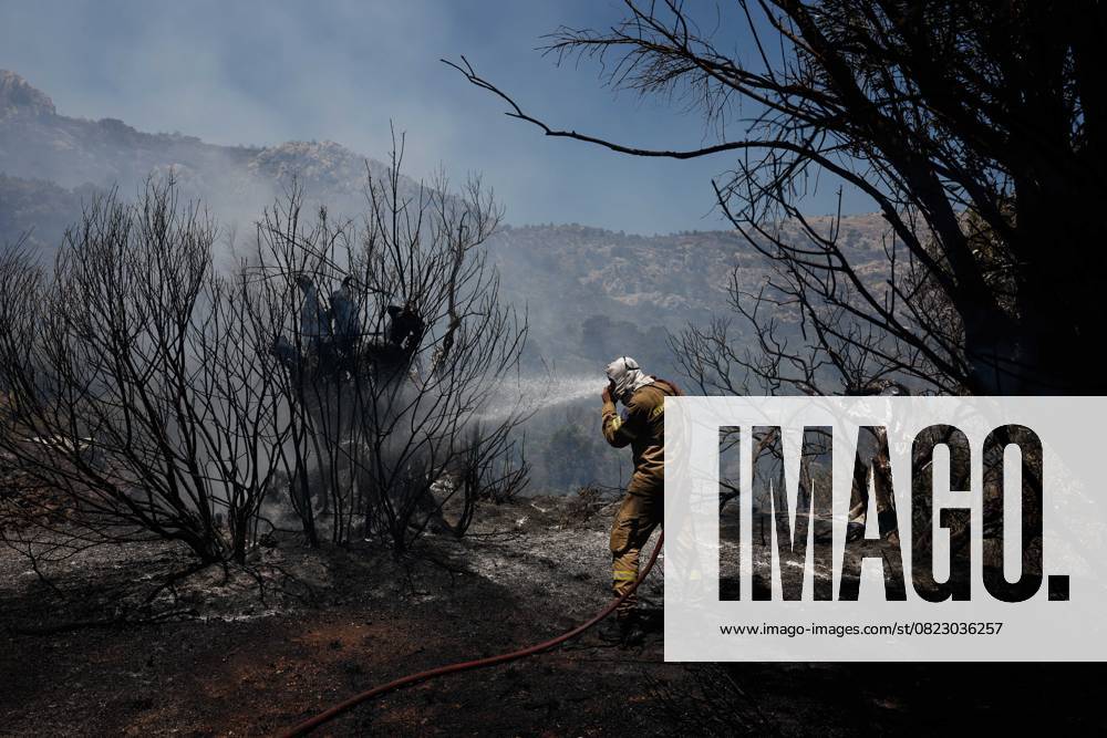 Wildfire continues to rage on Greek island of Chios ATHENS, GREECE - JUNE 24: A view of burnt field as firefighters continue to extinguish the wildfire both ground and air on Greek Island of Chios in Athens, Greece on June 24, 2025. The blaze has been burning for three consecutive days and is active on two major fronts. Public broadcaster ERT reported that the flames reached close to the village of Lithi and its nearby beach, damaging crops and forested areas. Dimitris Tosidis Anadolu Athens Greece. Editorial use only. Please get in touch for any other usage.