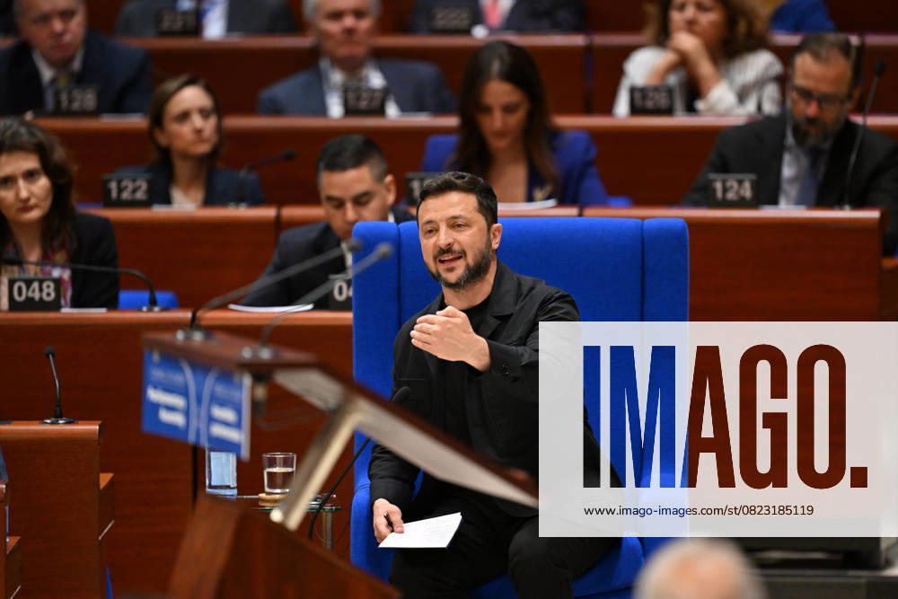 Ukrainian President Volodymyr Zelenskyy STRASBOURG, FRANCE - JUNE 25: Ukrainian President Volodymyr Zelenskyy delivers a speech as he attends a press conference during his first official visit to the Council of Europe in Strasbourg, France on June 25, 2025. Mustafa Yalcin Anadolu Strasbourg France. Editorial use only. Please get in touch for any other usage.