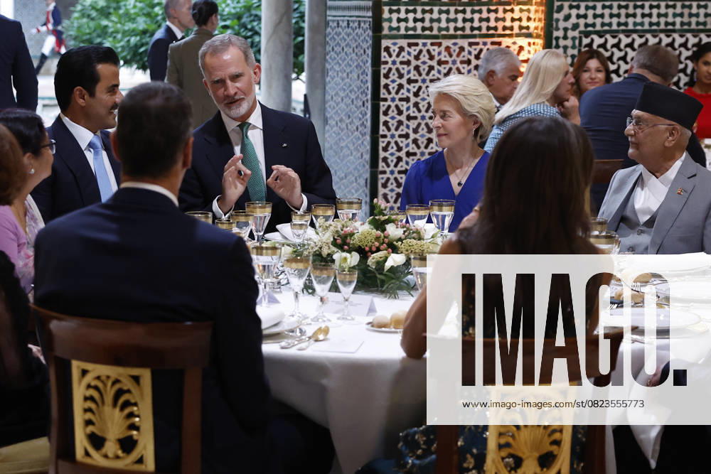 Spain King Felipe VI, Qatar emir Tamim bin Hamad Al Thani (L), European Comission president Ursula von der Leyen, Nepalese prime minister, Khadga Prasad Oli (R) and othes personalities during the gala dinner celebrated at Sevilla, southern Spain, 29 June 2025, on the eve the celebration of UN s fourth International Conference on Financing for Development (FFD4), to be held in the city from 30 June to 03 July. International Conference on Financing for Development !ACHTUNG: NUR REDAKTIONELLE NUTZUNG!