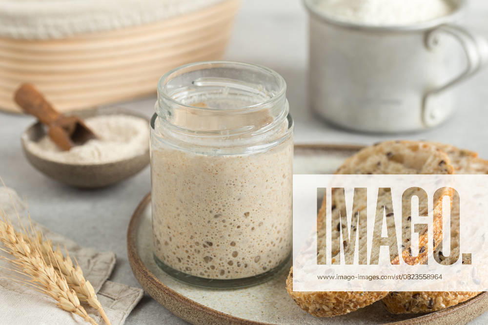 Hausgemachter Sauerteigbrot-Starter im Glas, rustikal homemade sourdough bread starter in jar, rustic style (License=RF)
