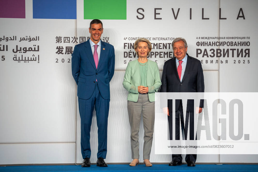 Official reception for Heads of State and Government at the IV International Conference on Financing for Development The President of the Government, Pedro Sánchez i and the President of the UN, António Guterres d and the President of the European Commission, Ursula von der Leyen during the reception On June 30, 2025 in Seville, Andalusia Spain The official photo with the heads of state and government participating in the IV International Conference on Financing for Development of the UN took place at the Palacio de Congresos y Exposiciones de Sevilla FIBES This institutional event welcomed the leaders participating in this global summit focused on the economic and financial challenges of sustainable development 30 JUNE 2025 Francisco J Se