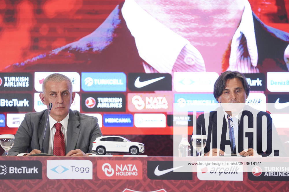 Vincenzo Montella signs a new 2-year contract with the National Team ISTANBUL, TURKIYE - JUNE 30: Turkish Football Federation (TFF) President Ibrahim Haciosmanoglu (L) and Turkish National Football Team Head Coach Vincenzo Montella (R) attend a ceremony at the TFF Hasan Dogan National Teams Camp and Training Facilities after Montella’s contract was extended for two more years in Istanbul, Turkiye, on June 30, 2025. Agit Erdi Ulukaya Anadolu Istanbul Turkey. Editorial use only. Please get in touch for any other usage.
