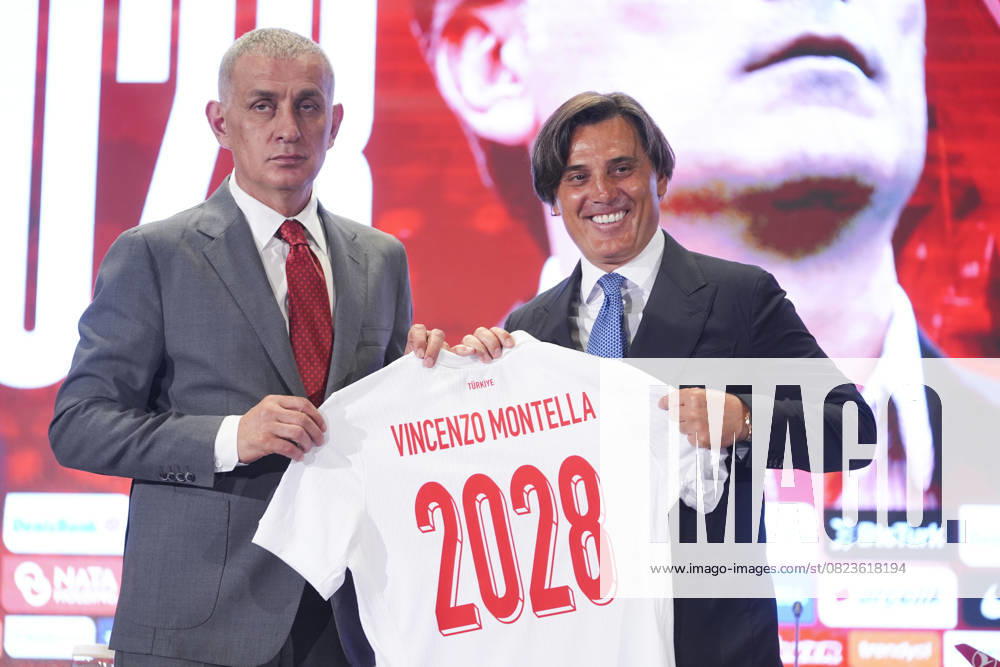 Vincenzo Montella signs a new 2-year contract with the National Team ISTANBUL, TURKIYE - JUNE 30: Turkish Football Federation (TFF) President Ibrahim Haciosmanoglu (L) presents a jersey to Turkish National Football Team Head Coach Vincenzo Montella (R) at the end of a ceremony held at the TFF Hasan Dogan National Teams Camp and Training Facilities after Montella’s contract was extended for two more years in Istanbul, Turkiye, on June 30, 2025. Agit Erdi Ulukaya Anadolu Istanbul Turkey. Editorial use only. Please get in touch for any other usage.