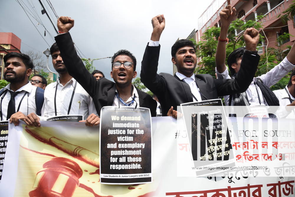 India: Protest outside the South Calcutta Law College against the gang-rape of a student Junior Law students and junior lawyers shout slogans as they protest outside the South Calcutta Law College against the gang-rape of a student of this college. Kolkata West Bengal India