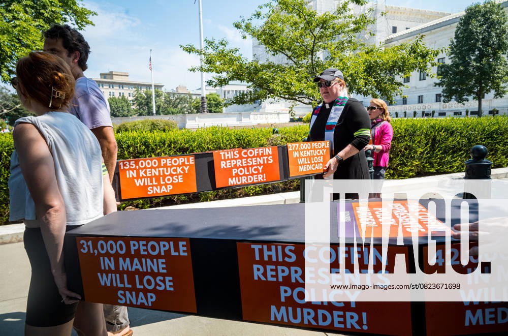 Washington, Dc, U.S: Demonstrators are shown carrying mock coffins as part of the repairers of the breach moral Mondays protest at the Supreme Court in Washington, DC. The protestors carried the mock coffins on to East Capitol street in front of the Capitol building protesting against President TrumpÃ¢â‚¬â ¢s budget bill that plans to gut medicaid and food stamps before several arrests were made. Washington U.S - ZUMAp140 20250630_zap_p140_042