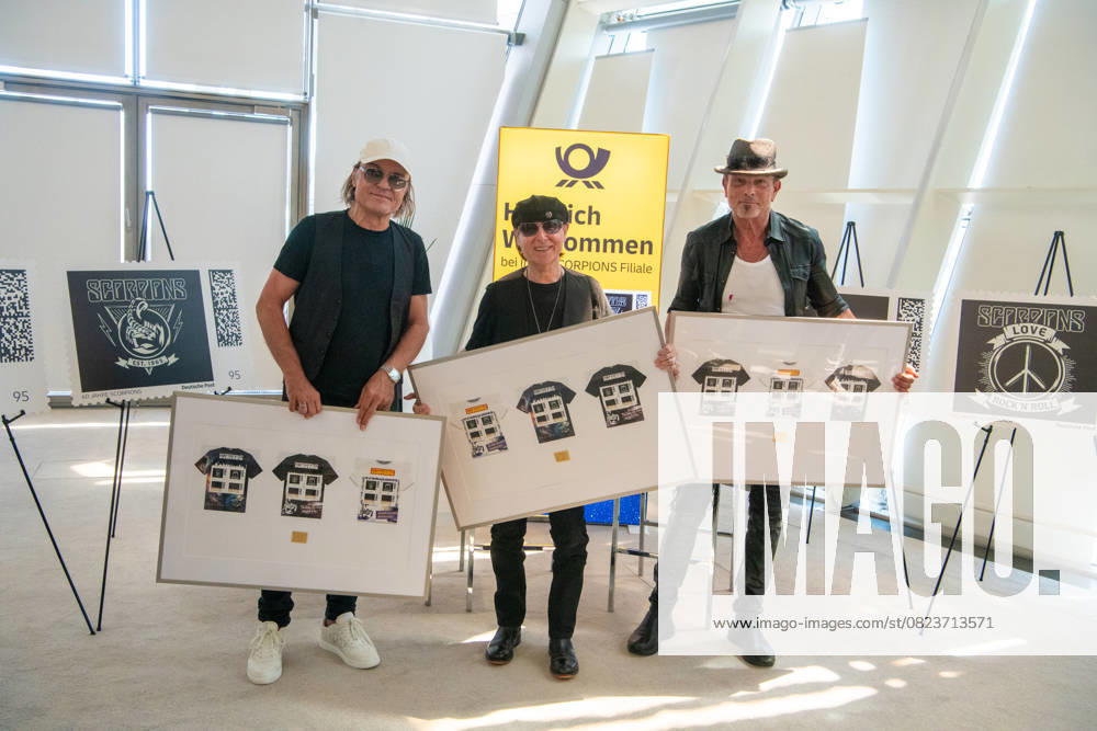 Germany, Bonn, 01 07 2025 Deutsche Post honors the successful rock band Scorpions on the occasion of their 60th stage anniversary with a special limited stamp edition Photo from left to right Matthias Jabs, Klaus Meine and Rudolf Schenker, members of the Scorpions For your archive