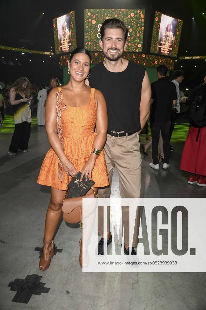 Steffi Brungs, Christian Wackert as guests at the fashion show by Danny Reinke titled The Hunt Spring Summer 2026 at Uber Arena on July 02, 2025 in Berlin Berlin Germany