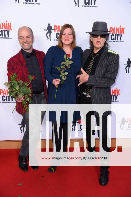Corny Littmann Katharina Fegebank Udo Lindenberg at the opening of Panik City The Udo Lindenberg Experience on Spielbudenplatz in Hamburg on 19 03 2018