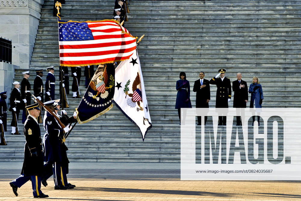 Investiture of President Barack Obama in Washington on January 21, 2013 Members of the Joint Armed Forces Color Guard perform pass in review for the President of the United States in Washington, Jan 21, 2013 Military involvement in the