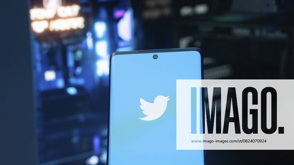 Ein Smartphone mit dem Twitter Logo vor einem neonbeleuchteten städtischen Hintergrund A smartphone featuring the Twitter logo against a neon-lit urban background
