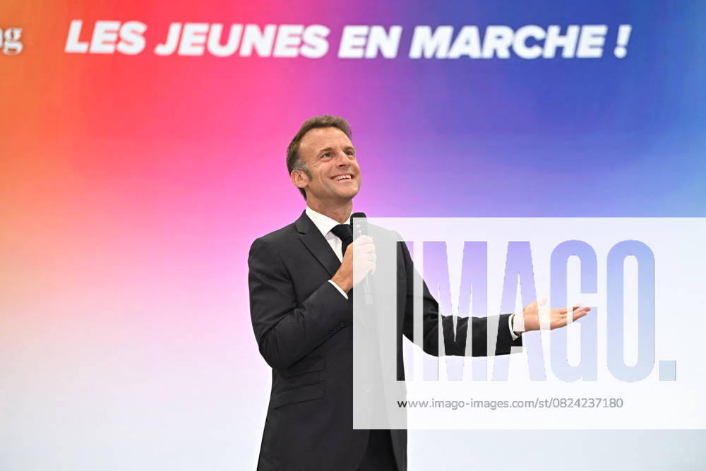 KW27 Emmanuel Macron At 10th Anniversary Of Jeunes Avec Macron - Paris French President, Emmanuel Macron attends the 10th anniversary of Jeunes avec Macron on July 5, 2025 in Paris, France. Les Jeunes avec Macron is the youth wing of Emmanuel Macron’s political party, founded in 2015. It promotes pro-European, centrist policies and civic engagement. In 2025, it was renamed Jeunes en marche to continue the Macronist movement. Photo by Eliot Blondet ABACAPRESS.COM Paris France