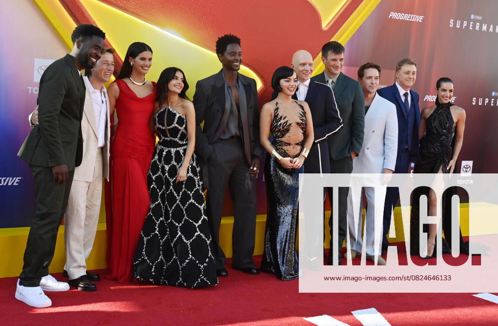 Cast members Christopher McDonald, Skyler Gisondo, Sara Sampaio, Mikaela Hoover, Edi Gathegi, Isabela Merced, Anthony Carrigan, Nathan Fillion, Beck Bennett, Alan Tudyk, Maria Gabriela de Faria (L-R) attend the premiere of the sci-fi motion picture Superman at the TCL Chinese Theatre in the Hollywood section of Los Angeles on Monday, July 7, 2025. Storyline: Superman must reconciles his alien Kryptonian heritage with his human upbringing as reporter Clark Kent. As the embodiment of truth, justice and the human way he soon finds himself in a world that views these as old-fashioned. Superman must reconcile his alien Kryptonian heritage with his human upbringing as reporter Clark Kent. As the embodiment of truth, justice and the human way he LAP20205070713 JIMxRUYMEN