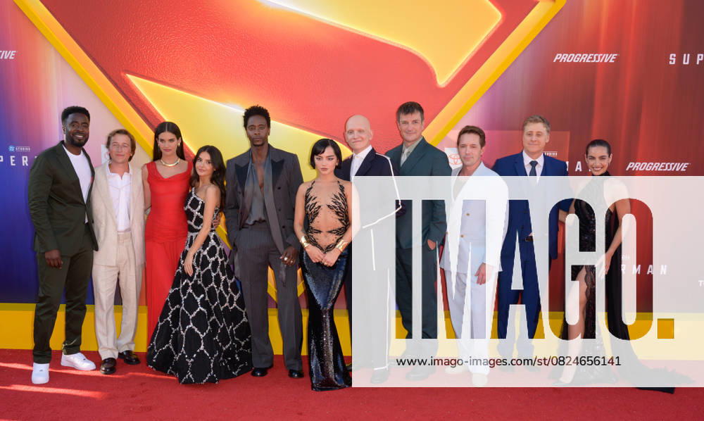Superman Premiere - Los Angeles, USA LOS ANGELES, USA. July 07, 2025: Christopher McDonald, Skyler Gisondo, Sara Sampaio, Mikaela Hoover, Edi Gathegi, Isabela Merced, Anthony Carrigan, Nathan Fillion, Beck Bennett, Alan Tudyk & Maria Gabriela de Faria at the premiere for Superman at the TCL Chinese Theatre. Los Angeles CA USA
