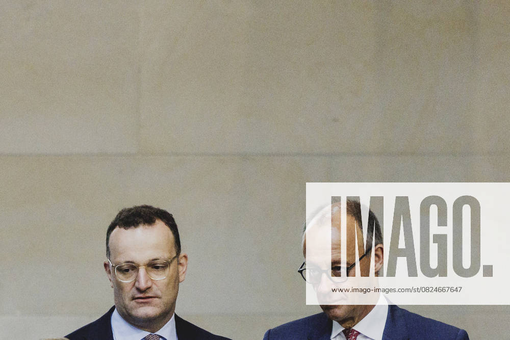 L R Jens Spahn, Chairman of the CDU CSU parliamentary group in the German Bundestag, and Friedrich Merz CDU , Federal Chancellor, recorded during the budget debate in the German Bundestag in Berlin, 08 07 2025 Berlin Germany