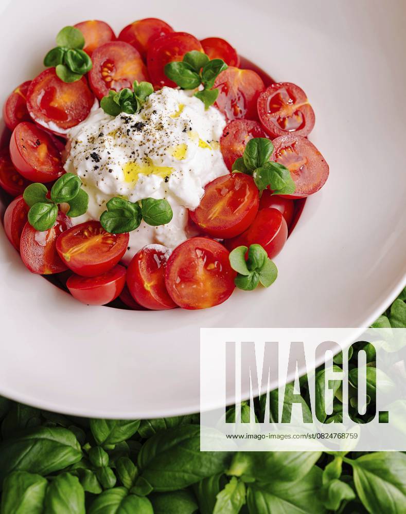 Foodfotografie, Kräftiges Gericht aus geschnittenen Kirschtomaten, cremiger Burrata und frischen Basilikumblättern auf einem weißen Teller Food, Vibrant dish of sliced cherry tomatoes, creamy burrata, and fresh basil leaves on a white plate
