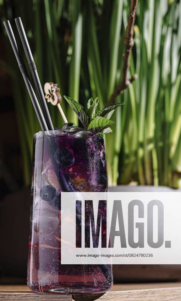 Foodfotografie, Lila Cocktail mit Blaubeeren, Minze und schwarzen Strohhalmen wird von einem Barkeeper gemixt Food, Purple cocktail with blueberries, mint, and black straws is being mixed by a bartender