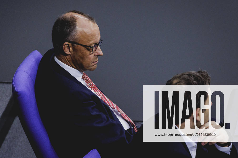 L R Friedrich Merz CDU , Federal Chancellor, and Lars Klingbeil, Federal Minister of Finance, recorded during the general debate on the 2025 budget in the German Bundestag in Berlin, 09 07 2025 Berlin Germany