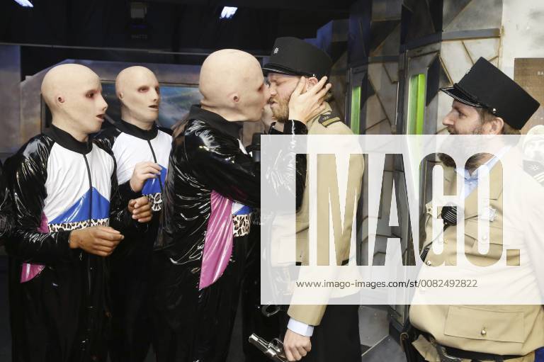 The dancers of Baba Yega greet actor Rik Verheye and actor Tom Audenaert, during the official premiere of Baba Yega movie in Antwerp kinepolis, Sunday 25 March 2018. The film will be released on 28 March. NICOLASxMAETERLINCK 05318258