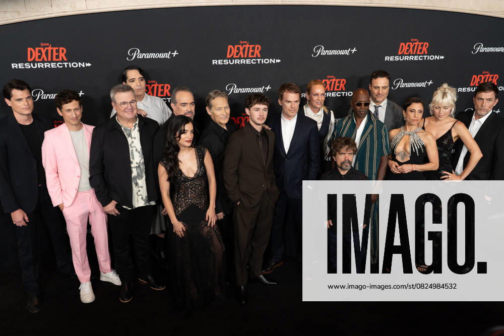 Bryan Lillis, David Magidoff, Eric Stonestreet, Emilia Suarez, David Zayas, David Dastmalchian, James Remar, Jack Alcott, Michael C. Hall, Maya Thurman-Hawke, Peter Dinklage, Clyde Phillips, Scott Reynolds, Ntare Guma Mbaho Mwine, Kadia Saraf, Dominic Fumusa, Emily Kimball and Desmond Harrington (L to R) arrive on the red carpet at the world premiere of Dexter: Resurrection at Alice Tully Hall on Wednesday, July 9, 2025 in New York City. NYP20250709670 DEREKxFRENCH