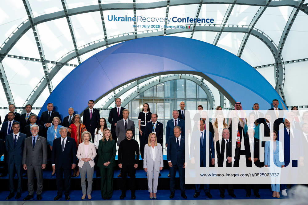 KW28 Ukraine Recovery Conference Takes Place In Rome Ukraine s President Volodymyr Zelenskyy and Italian Council President Giorgia Meloni stand for the family photo at the reconstruction conference for Ukraine. After Switzerland, the UK, and Germany, Italy hosts the international meeting to provide aid to the country attacked by Russia in Rome, Italy, on July 10, 2025. Rome Italy