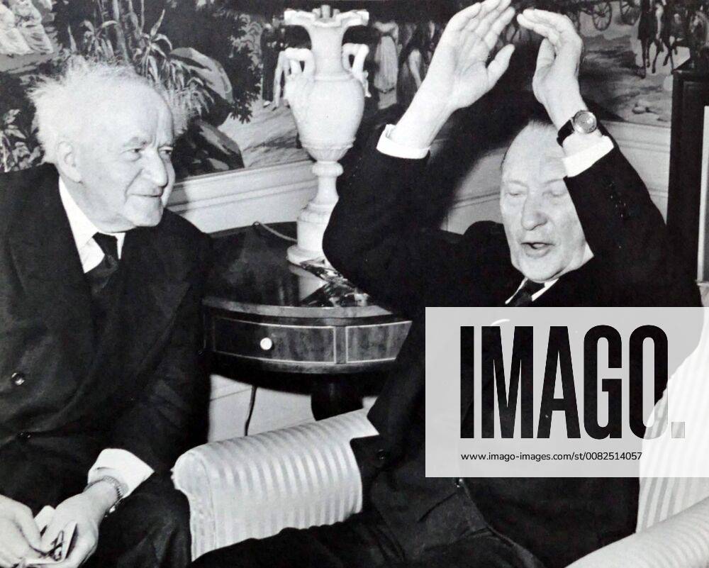 Ben Gurion meets adenauer in New York in 1961. Konrad Hermann Joseph Adenauer was a German statesman who served as the first Chancellor of the Federal Republic of Germany (West Germany) from 1949 to 1963. David Ben-Gurion (1886 - 1973), Israeli Labour Politician and first Prime Minister of Israel, 1948-1953 and 1955-1963. 917_05_WHA_119_0493