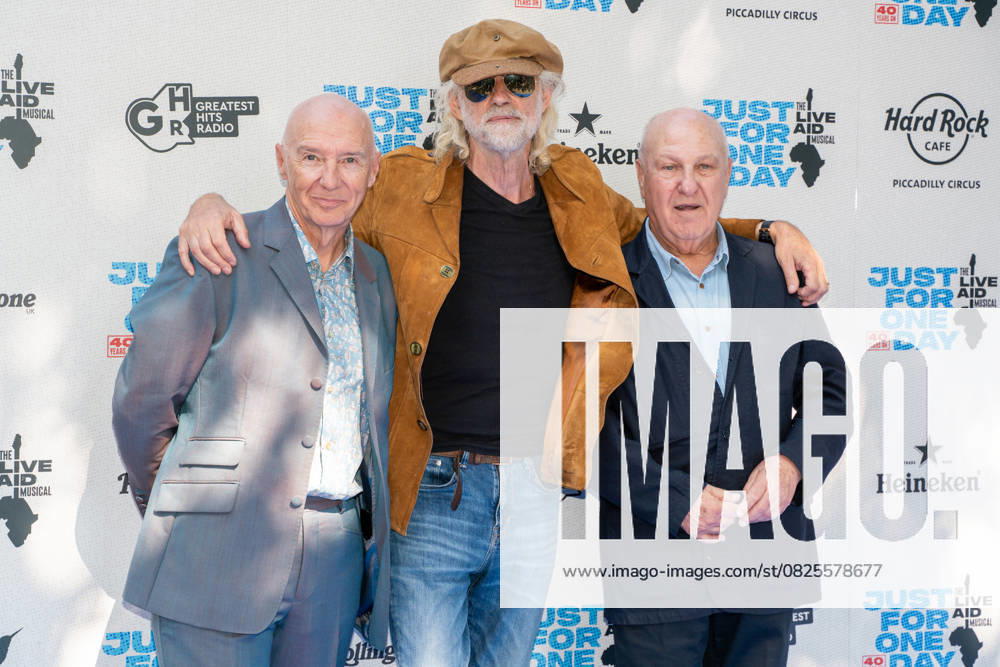 Bilder des Jahres 2025, Entertainment 07 Juli Entertainment Themen der Woche KW28 Arrivals for Just for One Day The Live Aid Musical on the 40th Anniversary of Live Aid in London - 13 Jul 2025 L- R Midge Ure, Bob Geldof and Harvey Goldsmith seen arriving at Just for One Day : The Live Aid Musical. On the 40th anniversary of Live Aid, Just for One Day: The Live Aid Musical held a special gala performance at The Shaftesbury Theatre in London. London United Kingdom