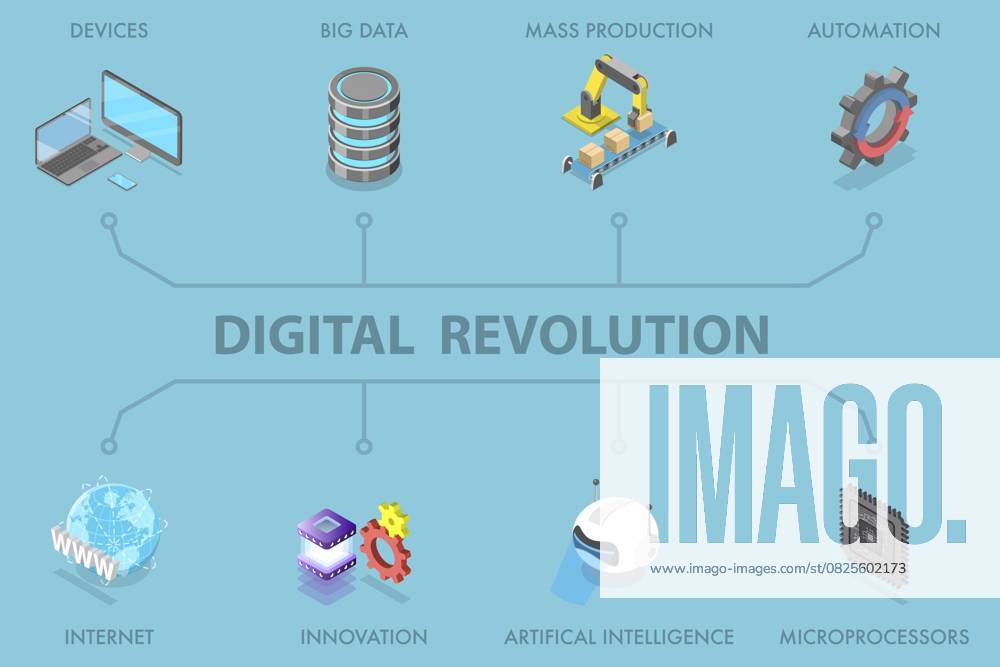 Isometrische 3D Flachdarstellung der digitalen Revolution, automatisierter Produktionsprozess 3D Isometric Flat Illustration of Digital Revolution, Automated Production Process