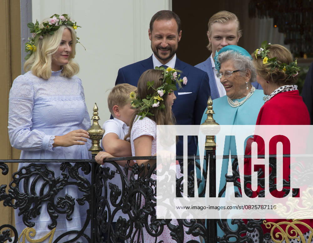 Prince Sverre Magnus, Princess Ingrid Alexandra, Princess Mette Marit, Prince Haakon, Marius Borg Hoiby , Princess Astrid, Queen Sonja The Royal Family of Norway at King Harald of Norways 25 year jubilee garden party in Trondheim on June 23, 2016 King Harald celebrates his 25 year