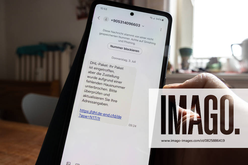 A text message on a smartphone with the false claim that a package has not been delivered with a link to a trap A note on the scam is the phone number from abroad and spelling mistakes like here Address details The message says DHL Packet Your package has arrived but the delivery was interrupt