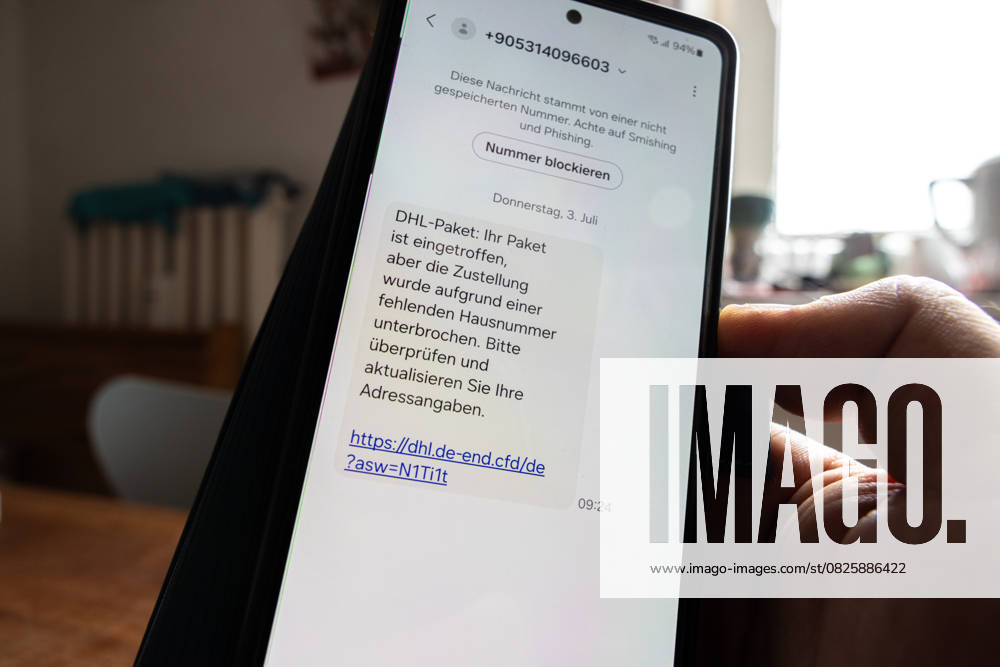A text message on a smartphone with the false claim that a package has not been delivered with a link to a trap A note on the scam is the phone number from abroad and spelling mistakes like here Address details The message says DHL Packet Your package has arrived but the delivery was interrupt