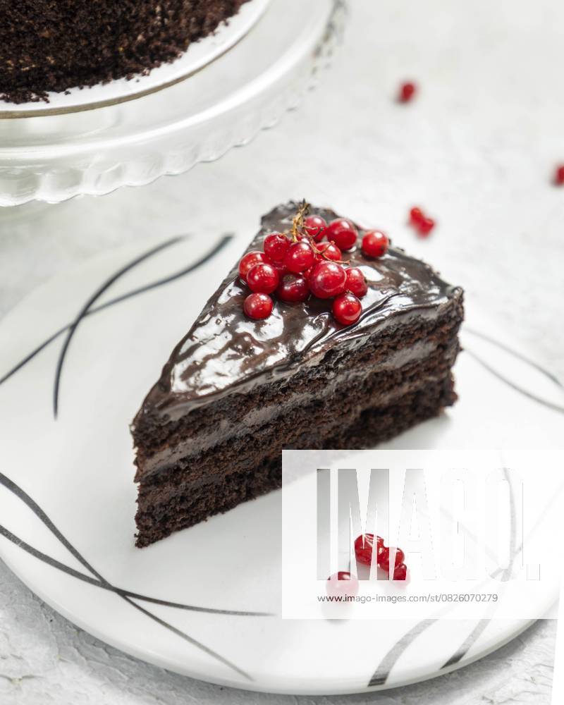 Köstliches Schokoladenkuchenstück mit roten Johannisbeeren und Schokoladenganache verziert Delicious chocolate cake slice decorated with red currant and chocolate ganache