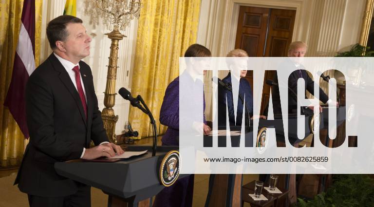 Nited States President Donald J. Trump participates in a news briefing with President Raimonds Vejonis of Latvia(L), President Kersti Kaljulaid of Estonia(2nd L) and President Dalia Grybauskaite of Lithuania(2nd R) at The White House in Washington, DC, April 3, 2018. WAX20180403163 ChrisxKleponis